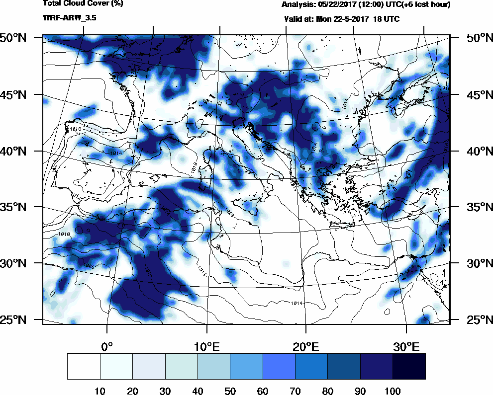 Total cloud cover (%) - 2017-05-22 12:00