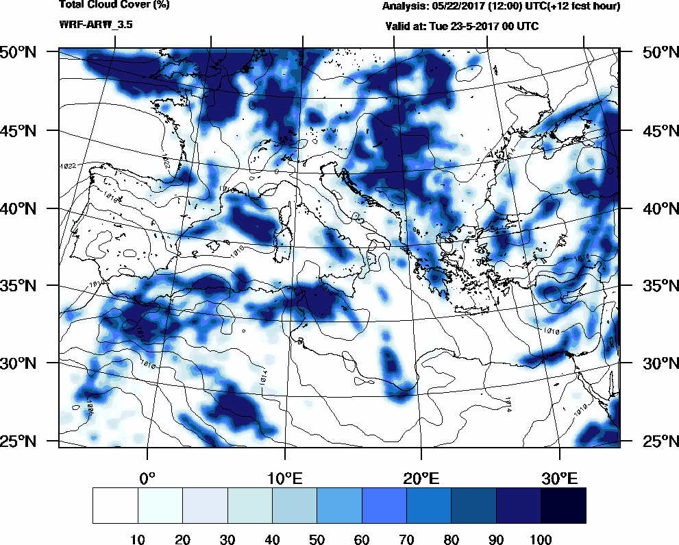 Total cloud cover (%) - 2017-05-22 18:00