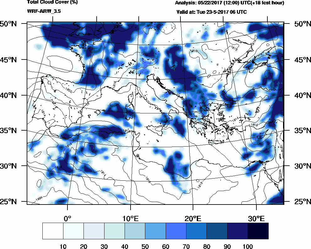 Total cloud cover (%) - 2017-05-23 00:00