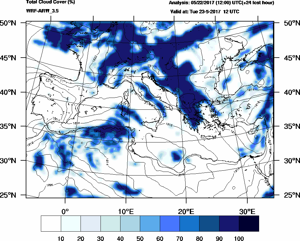 Total cloud cover (%) - 2017-05-23 06:00