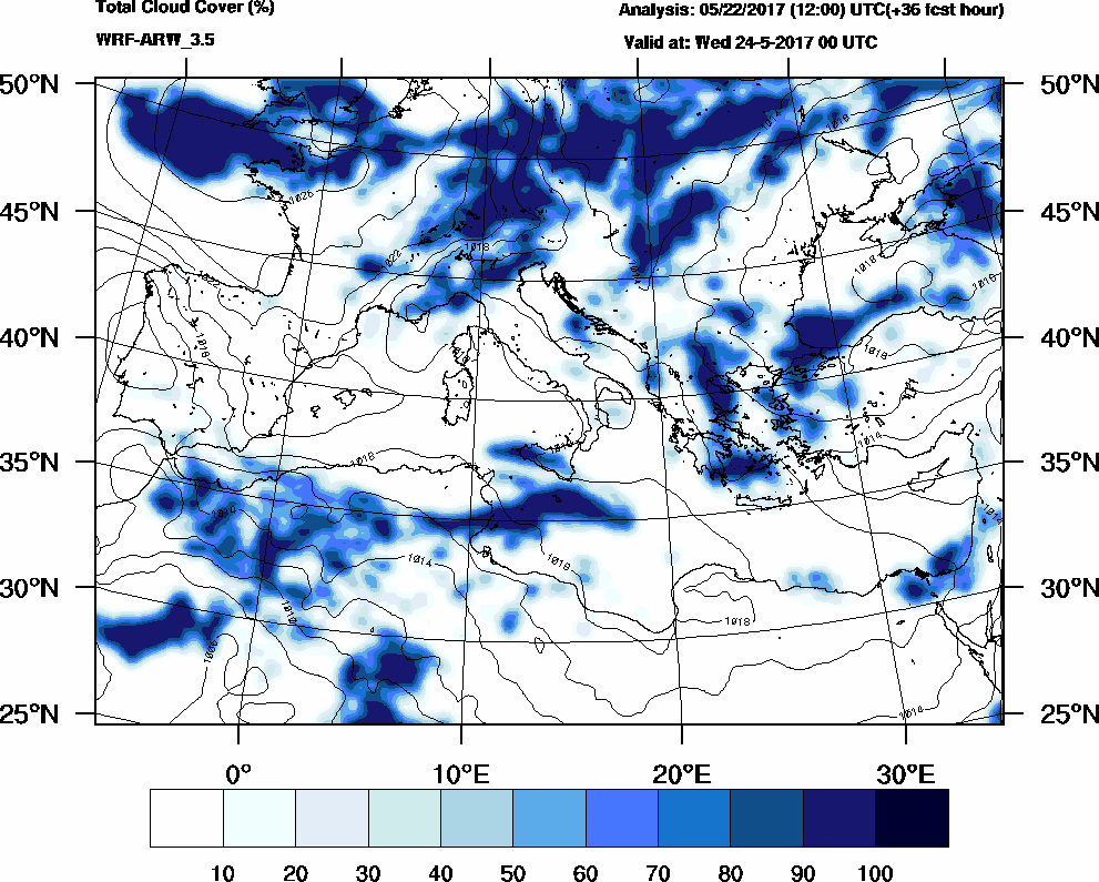 Total cloud cover (%) - 2017-05-23 18:00