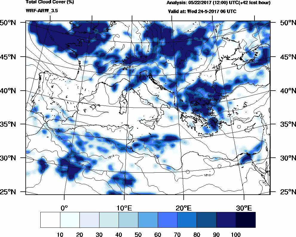 Total cloud cover (%) - 2017-05-24 00:00