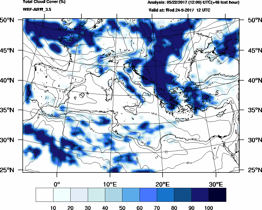 Total cloud cover (%) - 2017-05-24 06:00