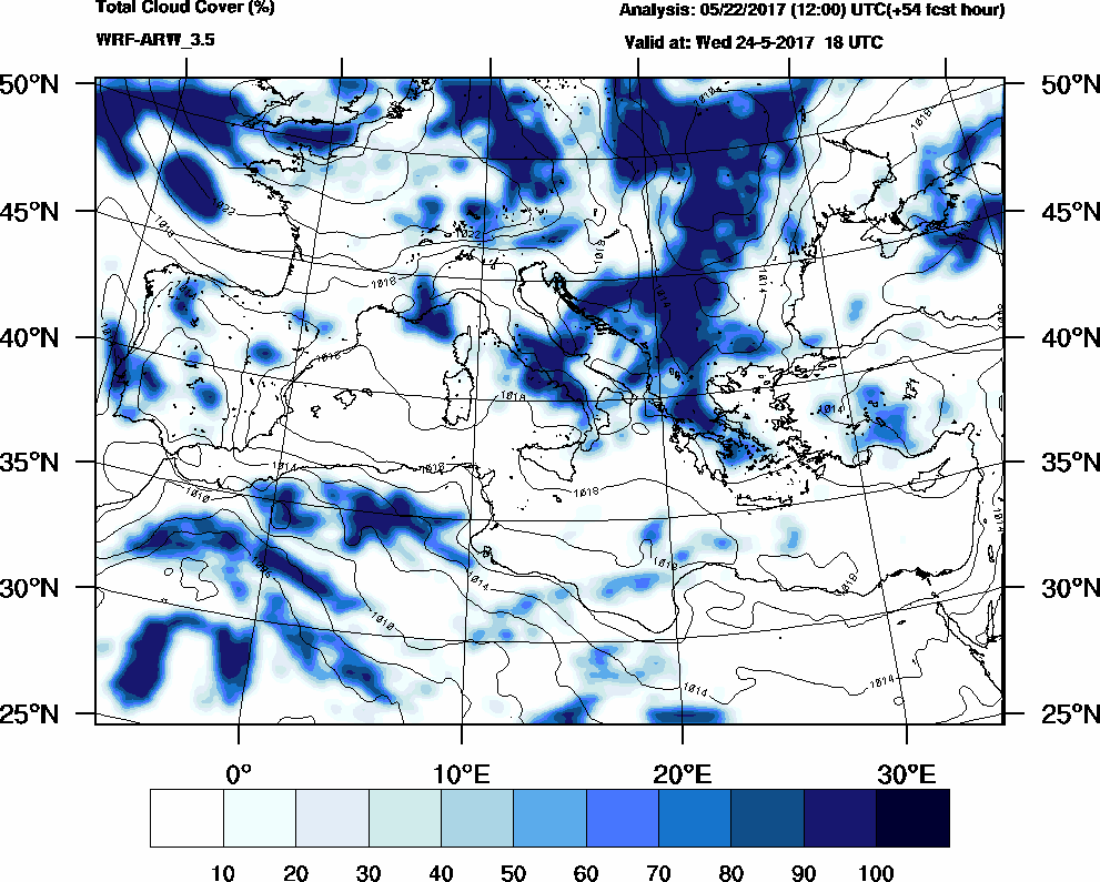 Total cloud cover (%) - 2017-05-24 12:00