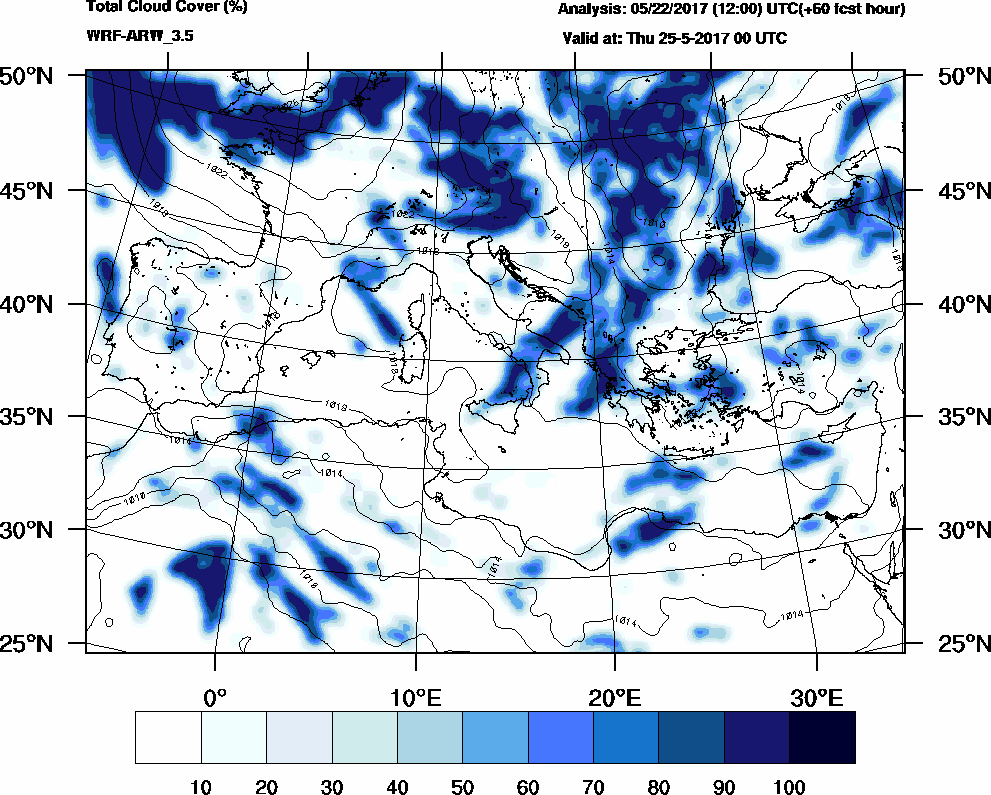 Total cloud cover (%) - 2017-05-24 18:00