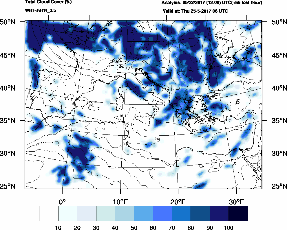 Total cloud cover (%) - 2017-05-25 00:00