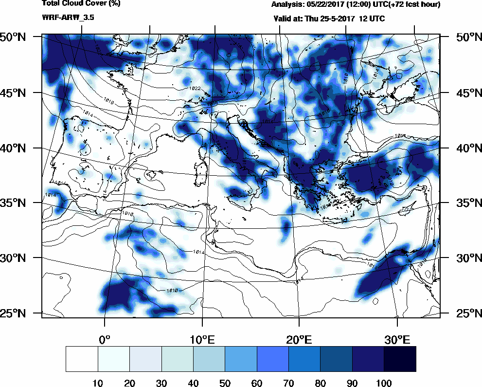 Total cloud cover (%) - 2017-05-25 06:00