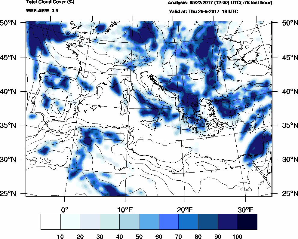 Total cloud cover (%) - 2017-05-25 12:00