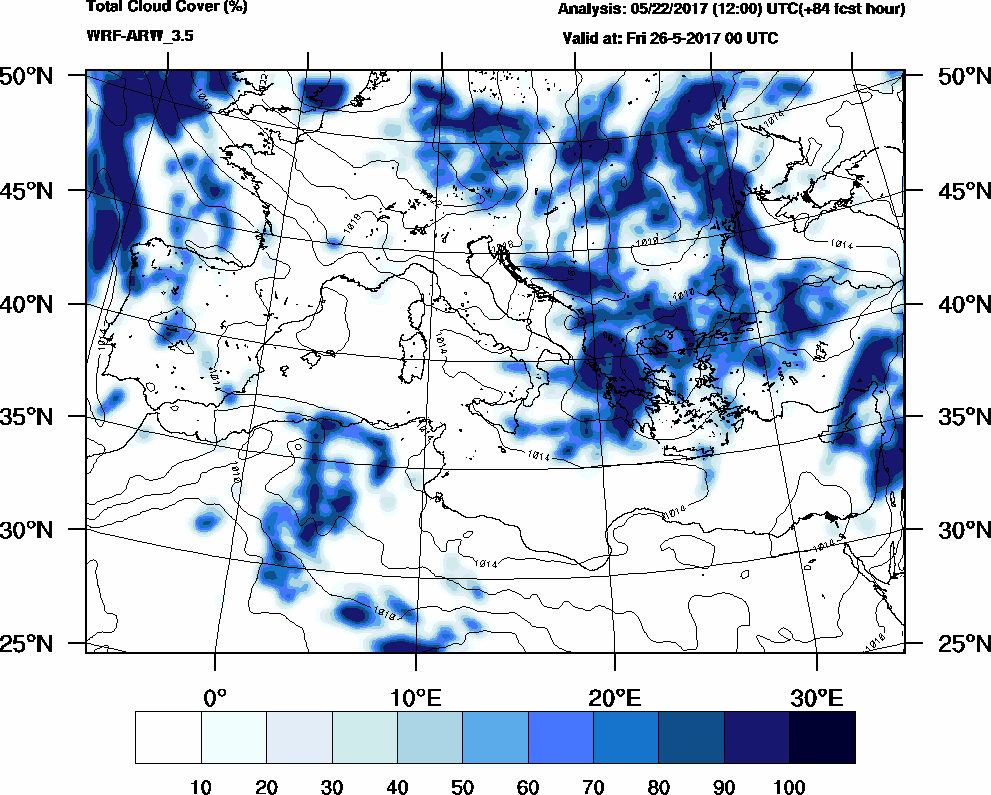 Total cloud cover (%) - 2017-05-25 18:00