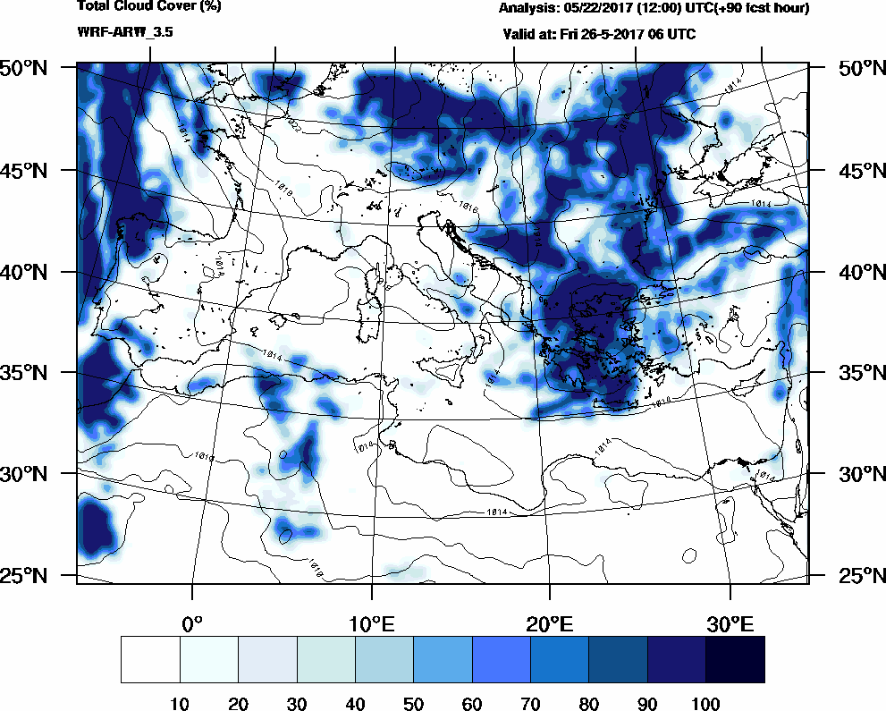 Total cloud cover (%) - 2017-05-26 00:00