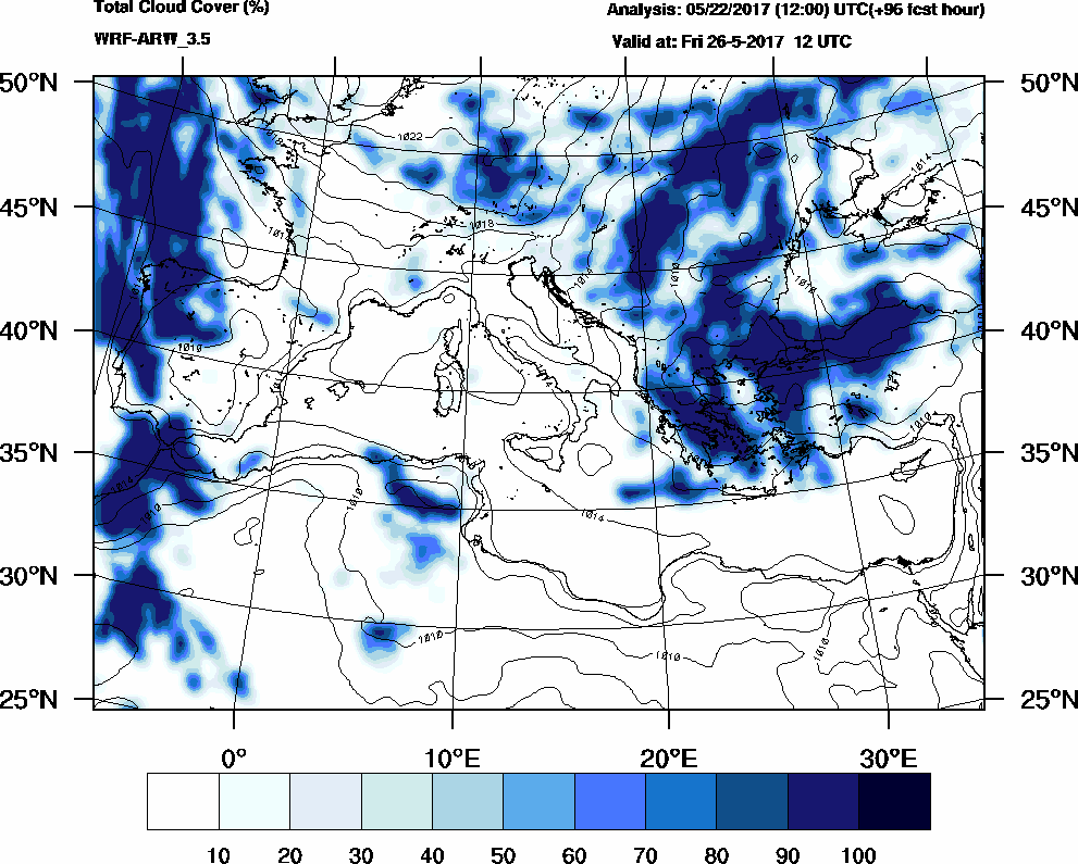 Total cloud cover (%) - 2017-05-26 06:00