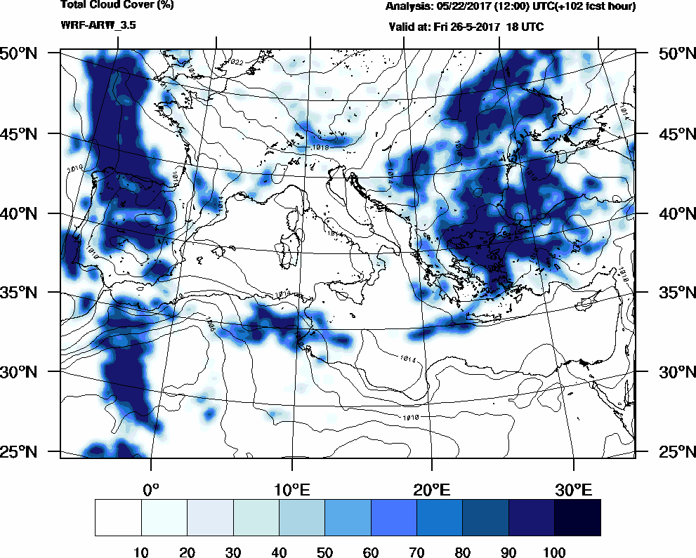 Total cloud cover (%) - 2017-05-26 12:00