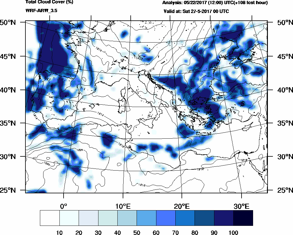 Total cloud cover (%) - 2017-05-26 18:00
