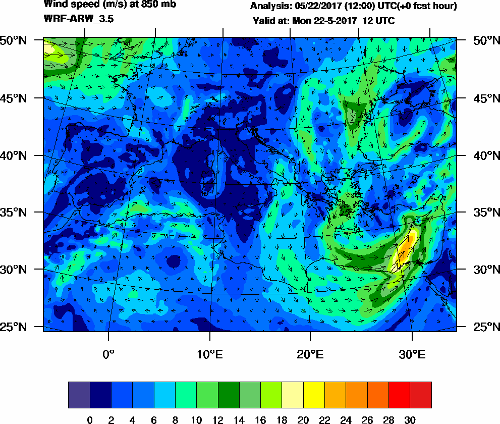 Wind speed (m/s) at 850 mb - 2017-05-22 12:00