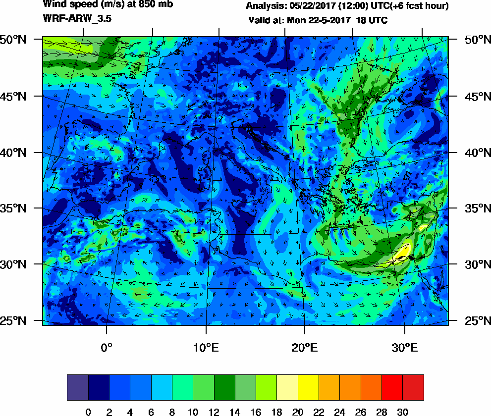 Wind speed (m/s) at 850 mb - 2017-05-22 18:00