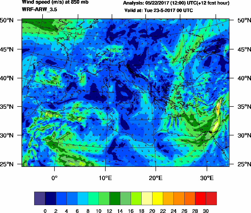 Wind speed (m/s) at 850 mb - 2017-05-23 00:00