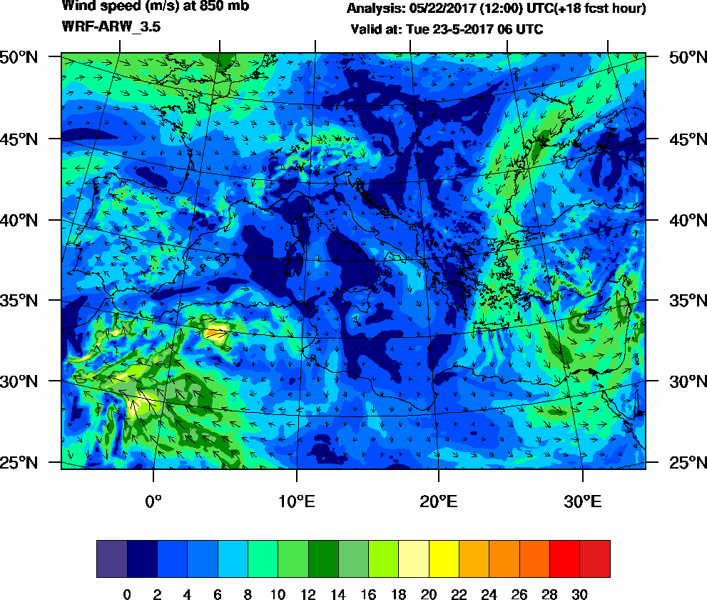 Wind speed (m/s) at 850 mb - 2017-05-23 06:00