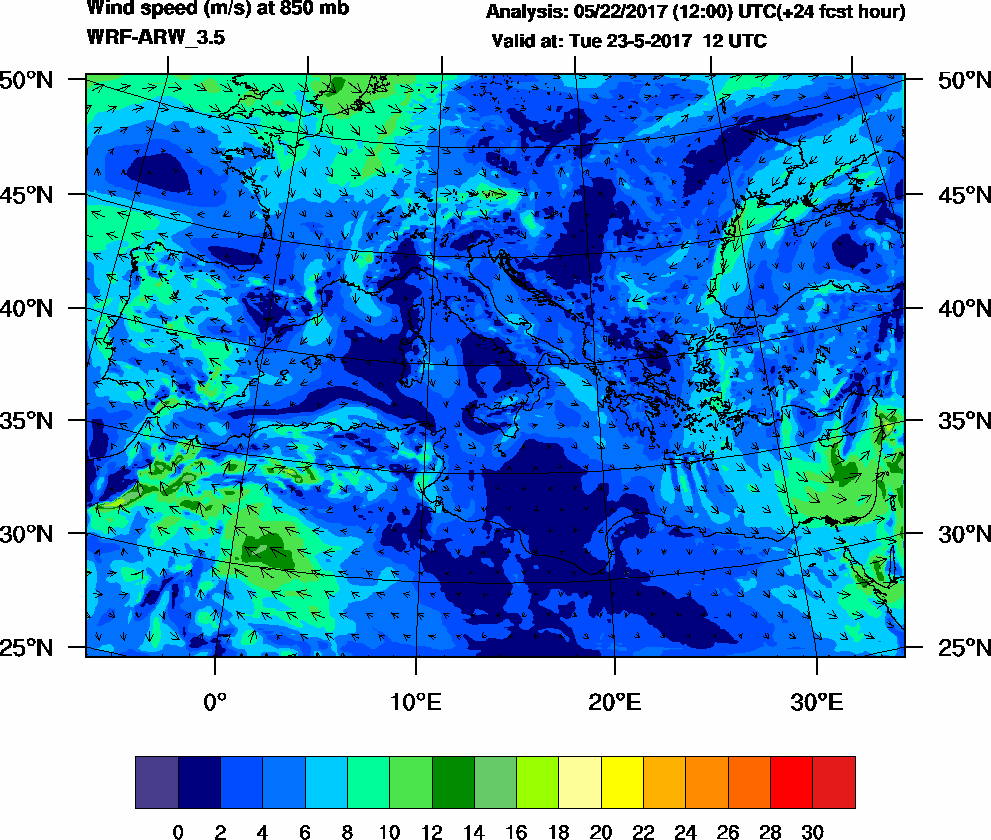 Wind speed (m/s) at 850 mb - 2017-05-23 12:00