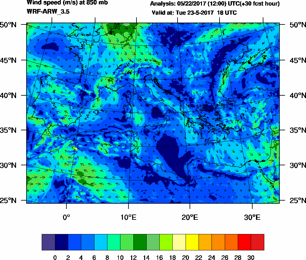 Wind speed (m/s) at 850 mb - 2017-05-23 18:00