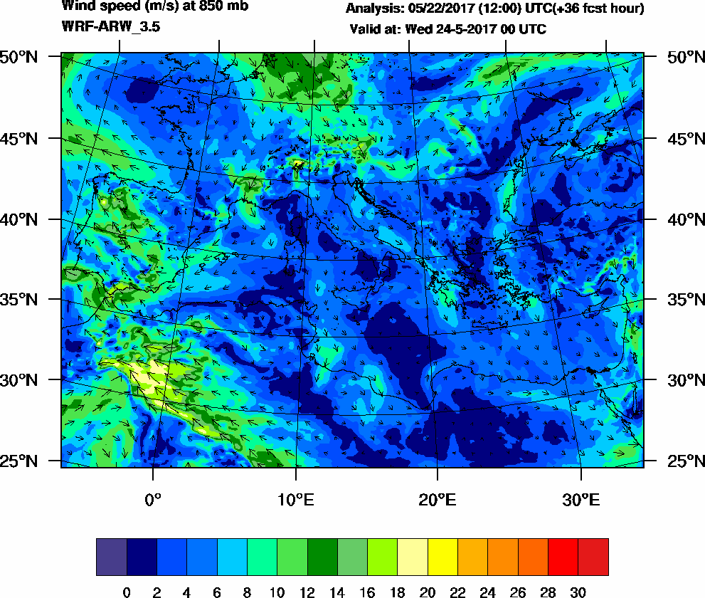 Wind speed (m/s) at 850 mb - 2017-05-24 00:00