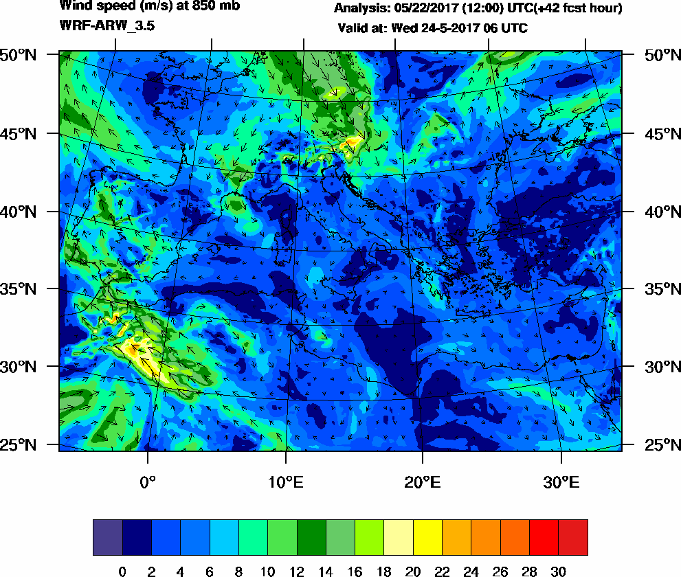 Wind speed (m/s) at 850 mb - 2017-05-24 06:00