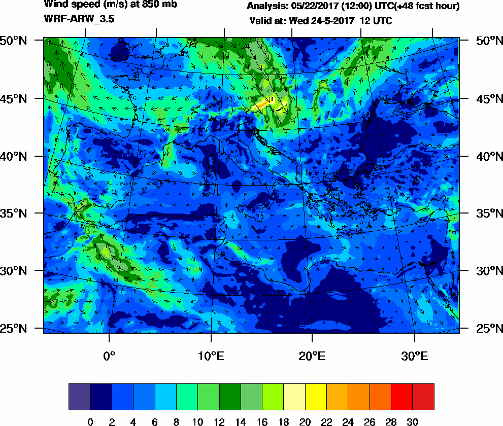 Wind speed (m/s) at 850 mb - 2017-05-24 12:00