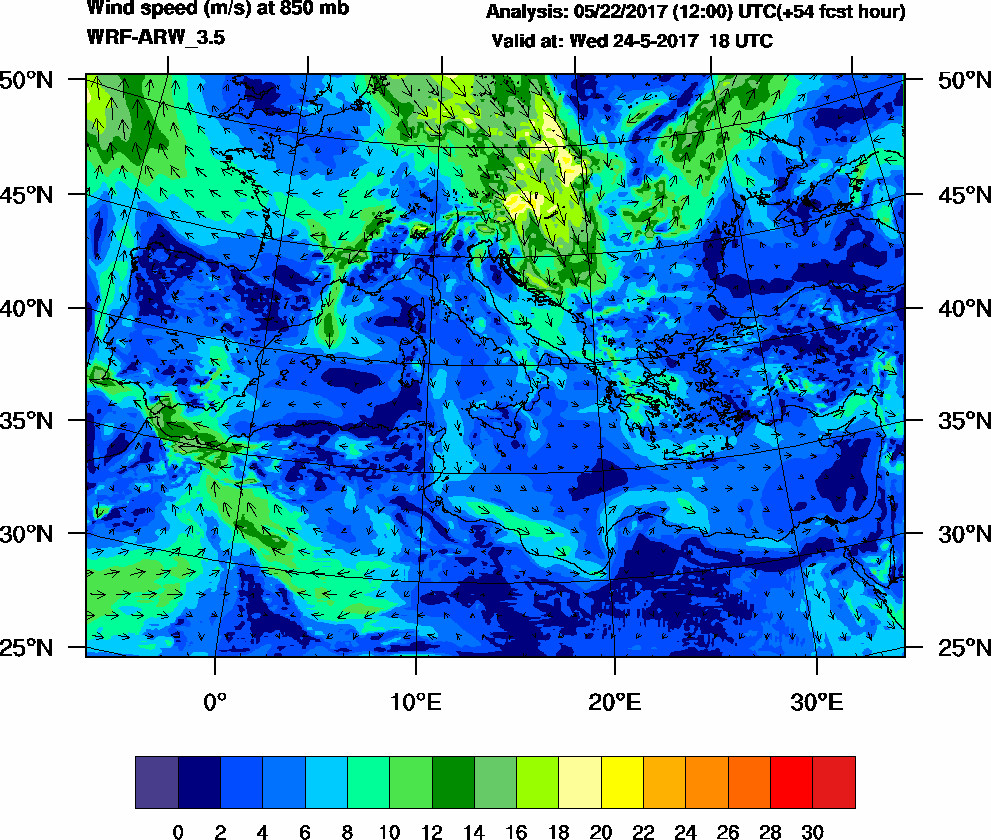 Wind speed (m/s) at 850 mb - 2017-05-24 18:00