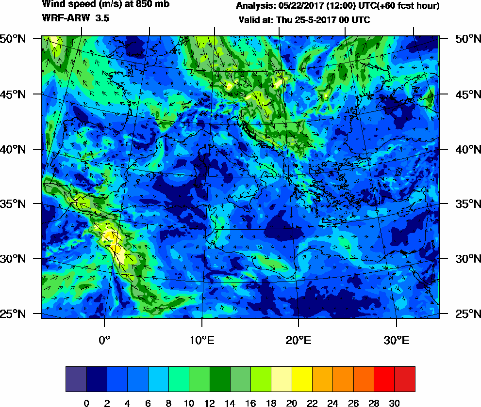 Wind speed (m/s) at 850 mb - 2017-05-25 00:00