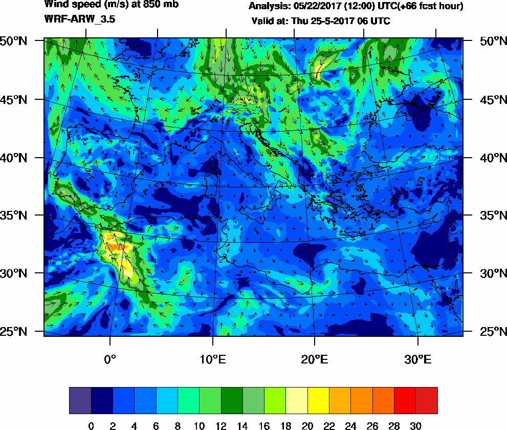 Wind speed (m/s) at 850 mb - 2017-05-25 06:00