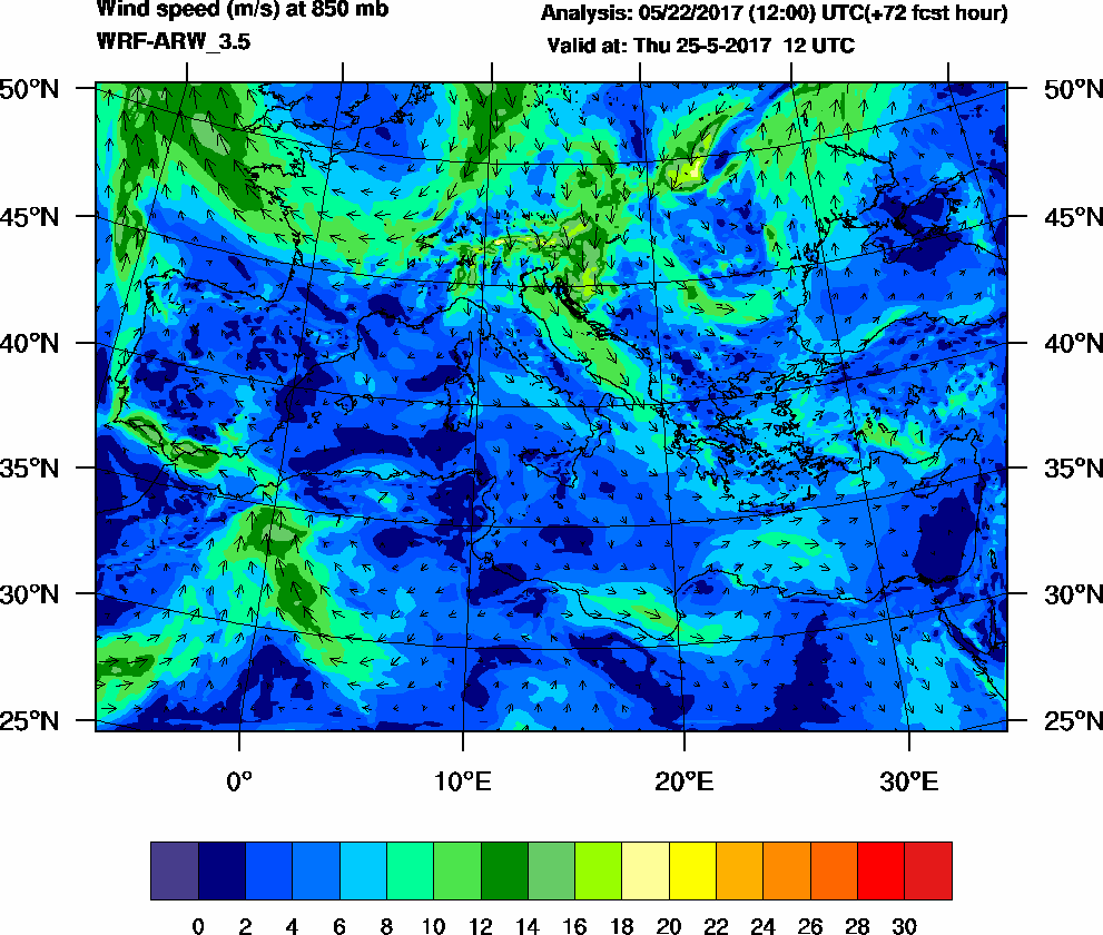 Wind speed (m/s) at 850 mb - 2017-05-25 12:00