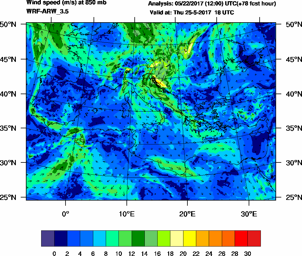 Wind speed (m/s) at 850 mb - 2017-05-25 18:00