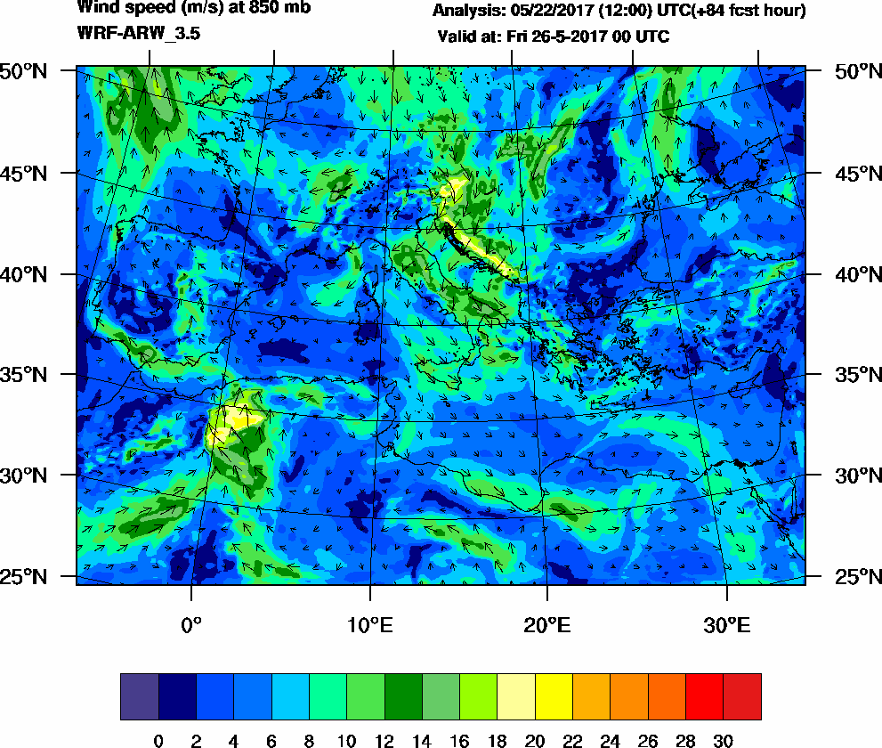 Wind speed (m/s) at 850 mb - 2017-05-26 00:00