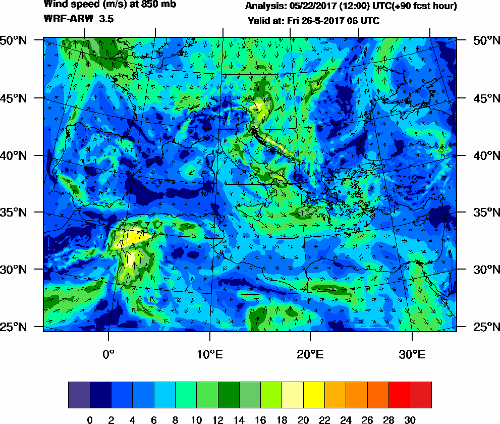 Wind speed (m/s) at 850 mb - 2017-05-26 06:00