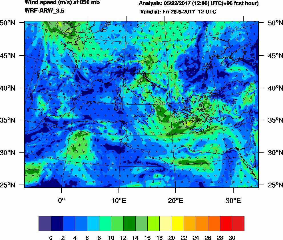 Wind speed (m/s) at 850 mb - 2017-05-26 12:00