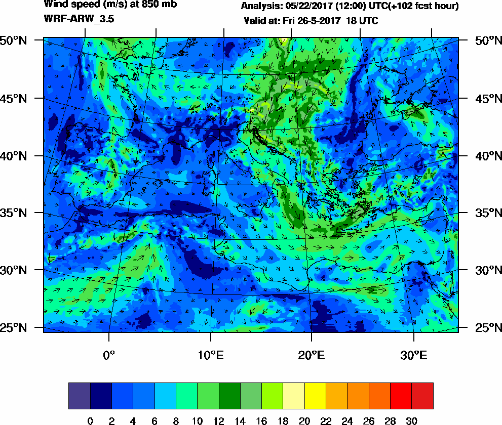 Wind speed (m/s) at 850 mb - 2017-05-26 18:00