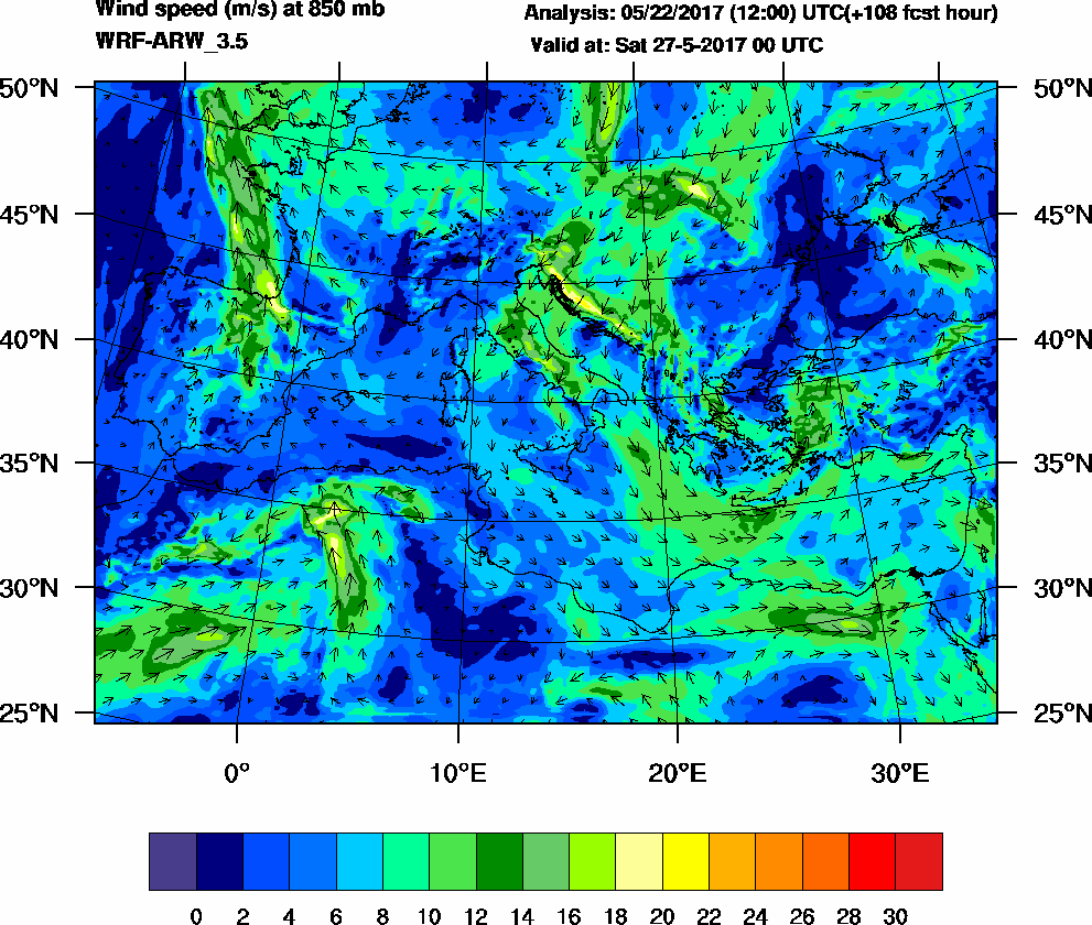 Wind speed (m/s) at 850 mb - 2017-05-27 00:00