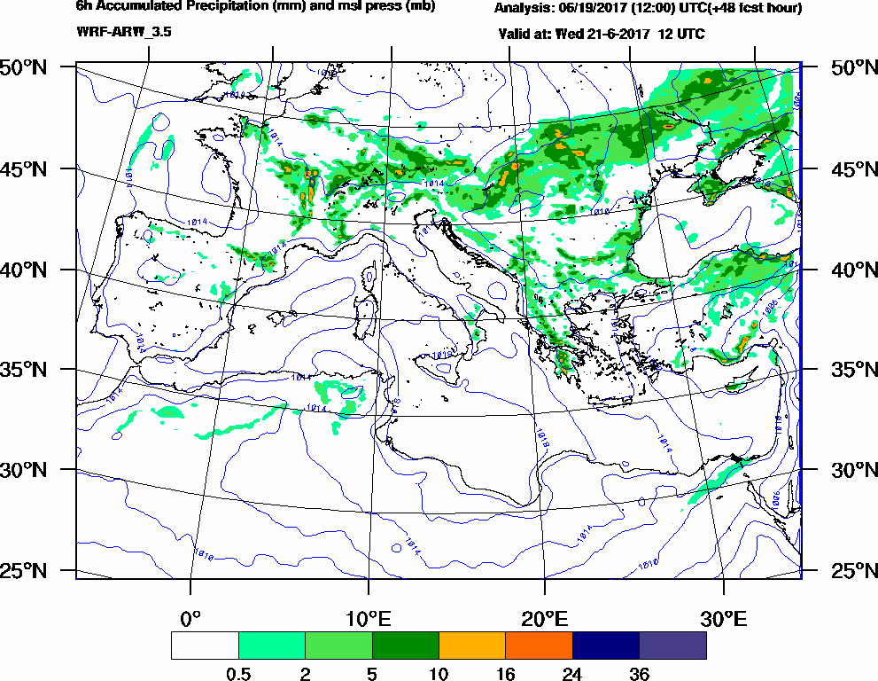6h Accumulated Precipitation (mm) and msl press (mb) - 2017-06-21 06:00